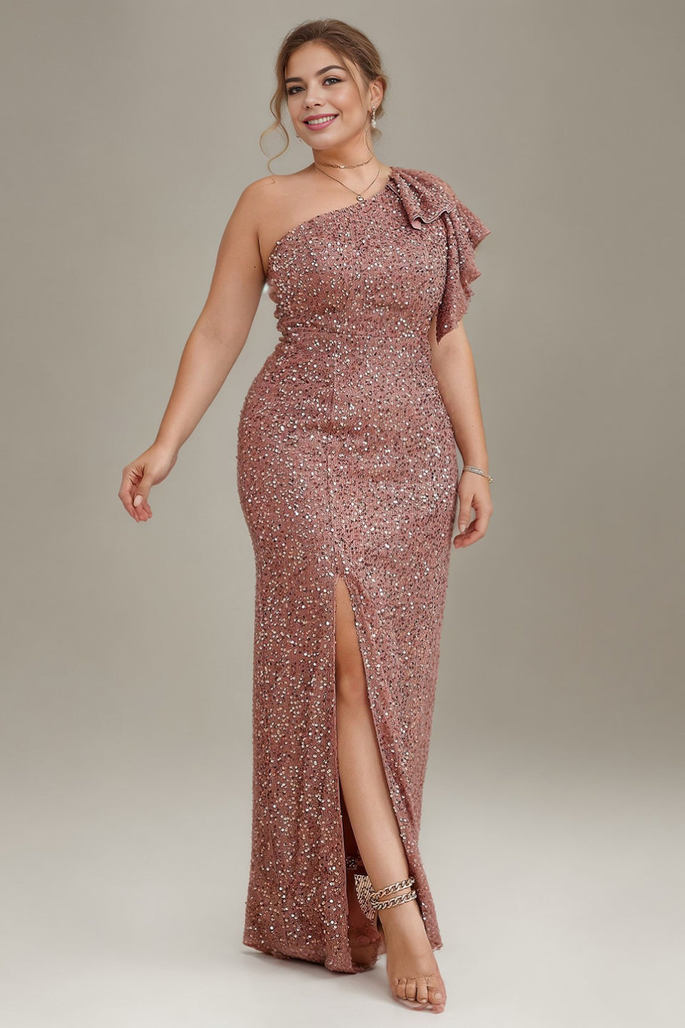 Curveins Plus Size  Sequin One Shoulder Formal Dress