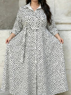 Plus-size polka-dot shirt dress with belt and front buttons