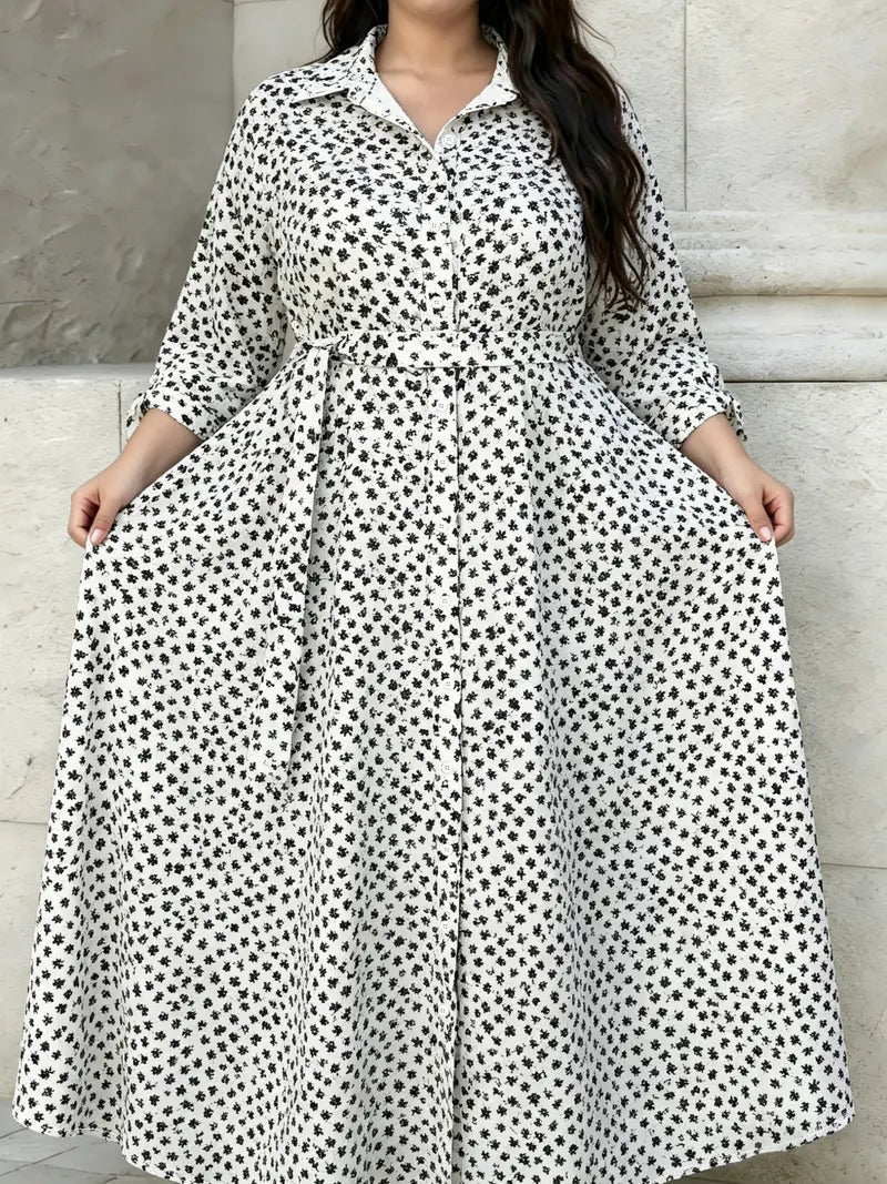Plus-size polka-dot shirt dress with belt and front buttons