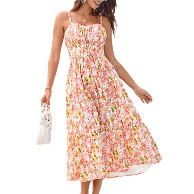 Women's Casual Bohemian Floral Maxi Sundress - Summer Spaghetti Strap Smocked Tiered Beach Dress with Pockets, Plus Size, Boho Clothes for Women