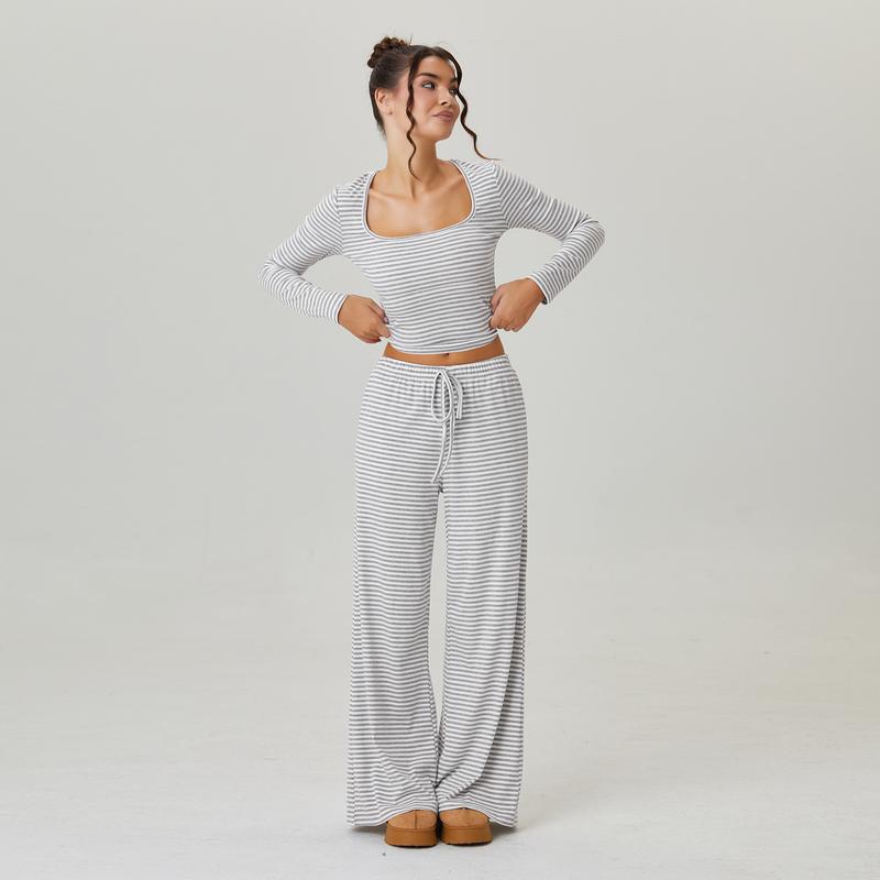 Women's Slouchy Square Neck Stripe Long Sleeve Crop Top & Low-Rise Wide Leg Trousers Co-ord, Minimalist Two Piece Outfits, Cozy Womenswear