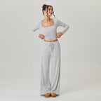 Women's Slouchy Square Neck Stripe Long Sleeve Crop Top & Low-Rise Wide Leg Trousers Co-ord, Minimalist Two Piece Outfits, Cozy Womenswear