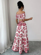 Women's off-the-shoulder short-sleeve floral dress with waist cutouts
