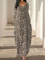 Women's Long Nightgown, Coffee Leopard Print, Casual Round Neck Long Sleeve Pocket Sleepwear, Soft Comfortable All-Season Loungewear