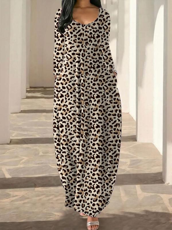 Women's Long Nightgown, Coffee Leopard Print, Casual Round Neck Long Sleeve Pocket Sleepwear, Soft Comfortable All-Season Loungewear