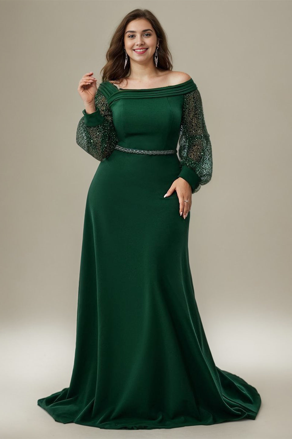 Curveins Plus Size Off Shoulder Long Sleeve Cinched Waist Elegant Maxi Dress