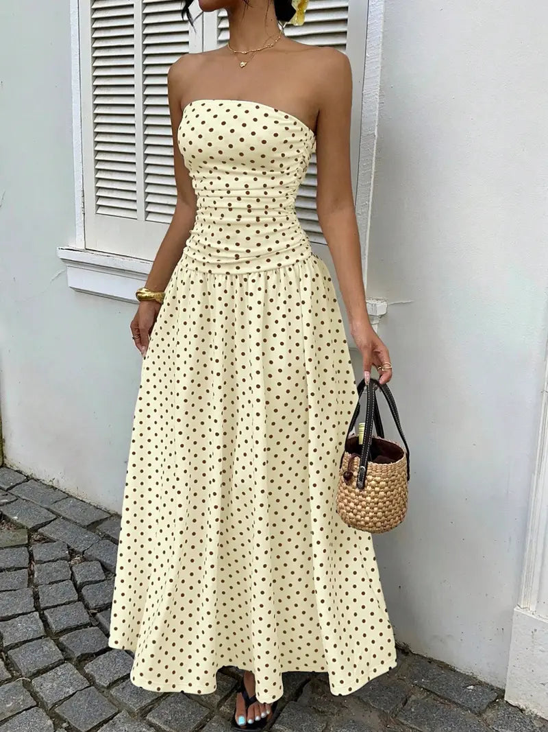 Women's Elegant Fashion Polka Dot Strapless Dress, Stylish Sleeveless Maxi Dress for Parties and Casual Wear Womenswear, Elegant Evening Dress