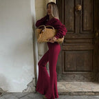 Women's Solid Asymmetrical Neck Top & Flare Leg Pants Set, Casual Drop Shoulder Long Sleeve Top & Trousers, Women's Fall & Winter Clothes for Daily Wear