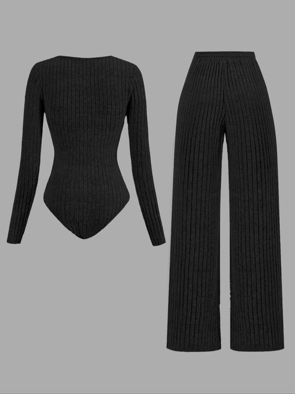 Women's Slim-Fit Solid Color Ribbed Fleece Jumpsuit Set, Wide Leg Pants, Fashionable Comfortable Fabric for Daily Wear