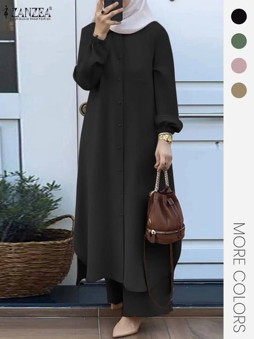 Two-Piece Set Women's Solid Color Asymmetrical Hem Button Front Longline Shirt & Wide Leg Pants, Casual Pocket Bishop Sleeve Collared Top & Elastic Waist Trousers for Fall & Winter, Women's Clothes for Daily Wear, Women's Outfit Sets