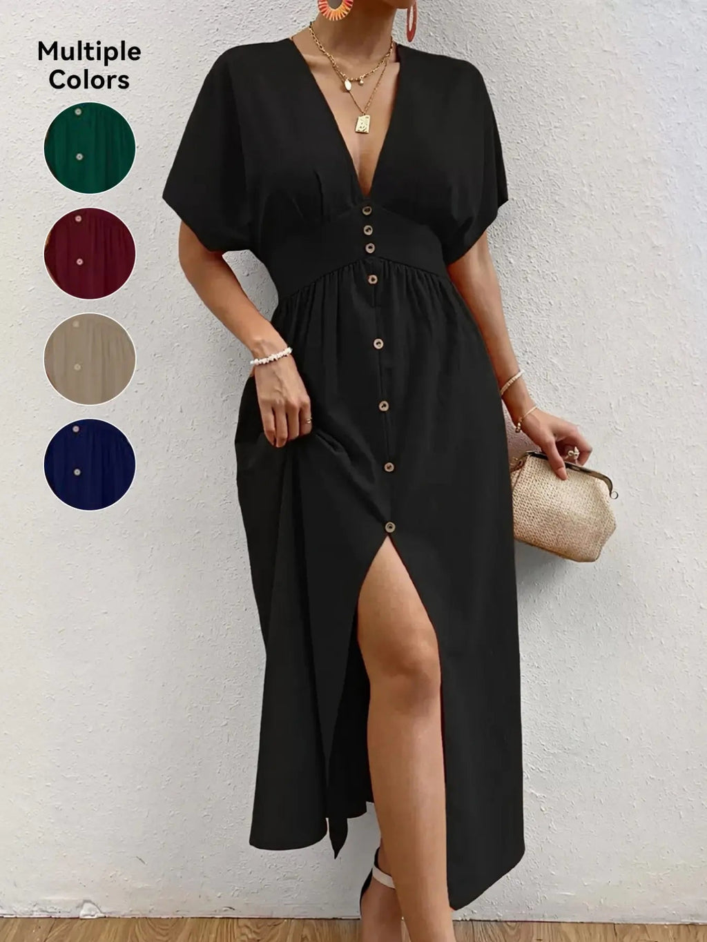 Women's Plain Button Front Short Sleeve Dress, Elegant Piece, Chic Dress for Party Holiday Wedding Guest, Ladies Summer Clothes Womenswear