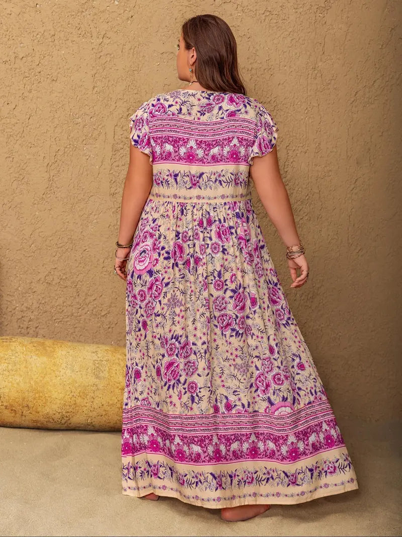[Plus Size] Floral Print V-Neck Maxi Dress