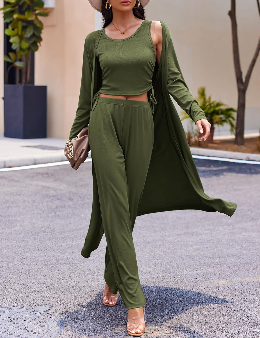 Women's 3 Piece Lounge Set Pajama Long Sleeve Cardigan Sleeveless Top Pants Sweatsuit