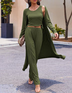 Women's 3 Piece Lounge Set Pajama Long Sleeve Cardigan Sleeveless Top Pants Sweatsuit