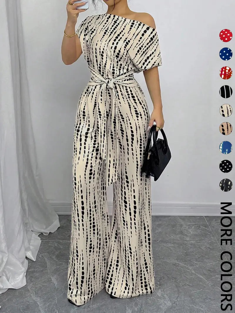 Women's All Over Print Tie Front   Jumpsuit, Casual Asymmetrical Neck   Jumpsuit for Spring & Fall, Women's Clothes for Daily Wear
