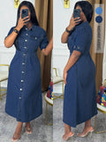 Chic Denim Shirt Dress - Button Down Midi with Chest Pockets & Cuffed Sleeves | Effortless Casual Jean Dress