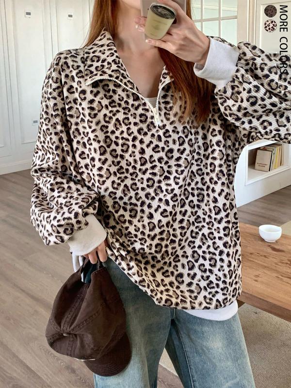 Women Casual Zip Up Front Long Sleeve Leopard Print Sweatshirt,Fall Clothes