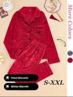 Women's Elegant Winter Pajama Set, Fitted Long Sleeve Button-Up Top & Warm Pants, Comfortable Home Wear for Cold Weather