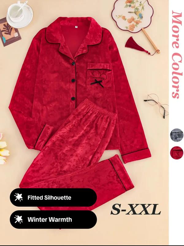 Women's Elegant Winter Pajama Set, Fitted Long Sleeve Button-Up Top & Warm Pants, Comfortable Home Wear for Cold Weather