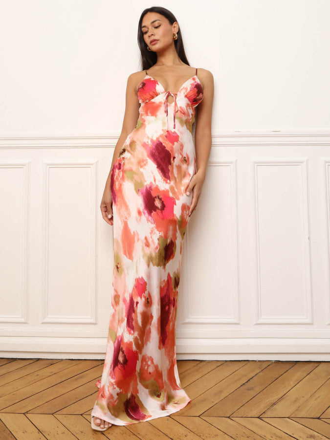 Pink satin-effect backless maxi dress