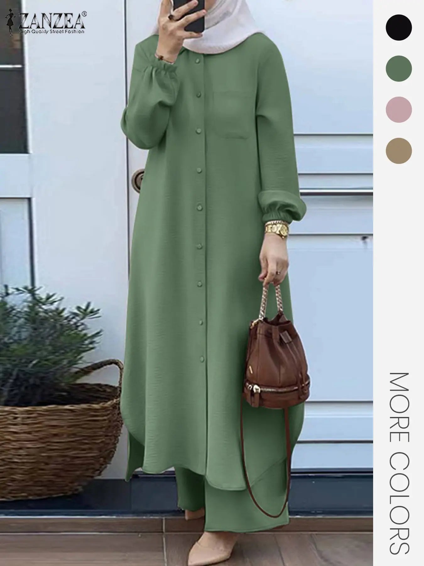 Two-Piece Set Women's Solid Color Asymmetrical Hem Button Front Longline Shirt & Wide Leg Pants, Casual Pocket Bishop Sleeve Collared Top & Elastic Waist Trousers for Fall & Winter, Women's Clothes for Daily Wear, Women's Outfit Sets