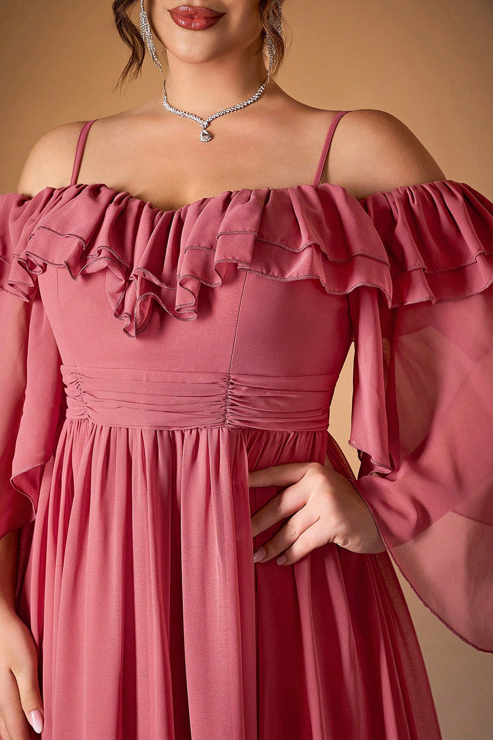 Curveins Plus Size Off-Shoulder Long Sleeve Solid Color Waist-Defined Maxi Dress