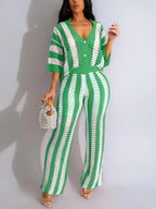 Women's Color-Block Striped Cutout Button-Front Top & Wide-Leg Pants Two-Piece Set