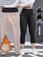 Women's High Elasticity Fleece Lined Thick Denim Jeans, Fall & Winter Fashion, Comfortable Slimming Jeans, Elegant Style