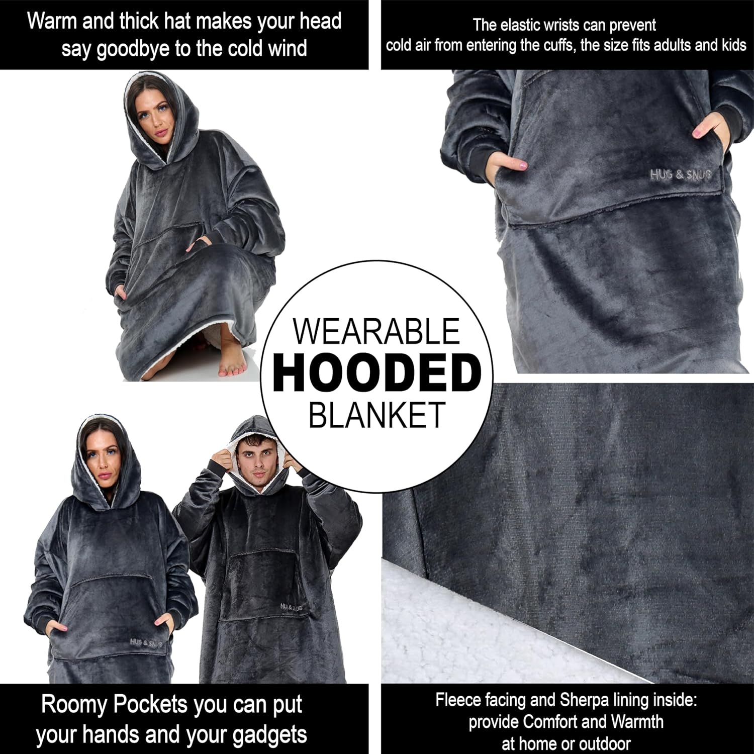 Oversized Hoodie Blanket Men Women, Ultra Soft Sherpa Fleece Warm Cosy Wearable Throw Sweatshirt Snuggle Oodies for Adults Teens with Big Pocket