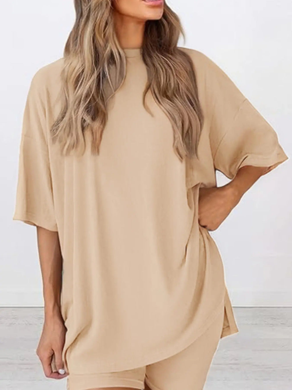 Women's Solid Color T-Shirt and Tight Shorts Set, Casual Summer Comfort Round Neck Sleepwear, Pocket Design, Outdoor Wear