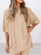 Women's Solid Color T-Shirt and Tight Shorts Set, Casual Summer Comfort Round Neck Sleepwear, Pocket Design, Outdoor Wear