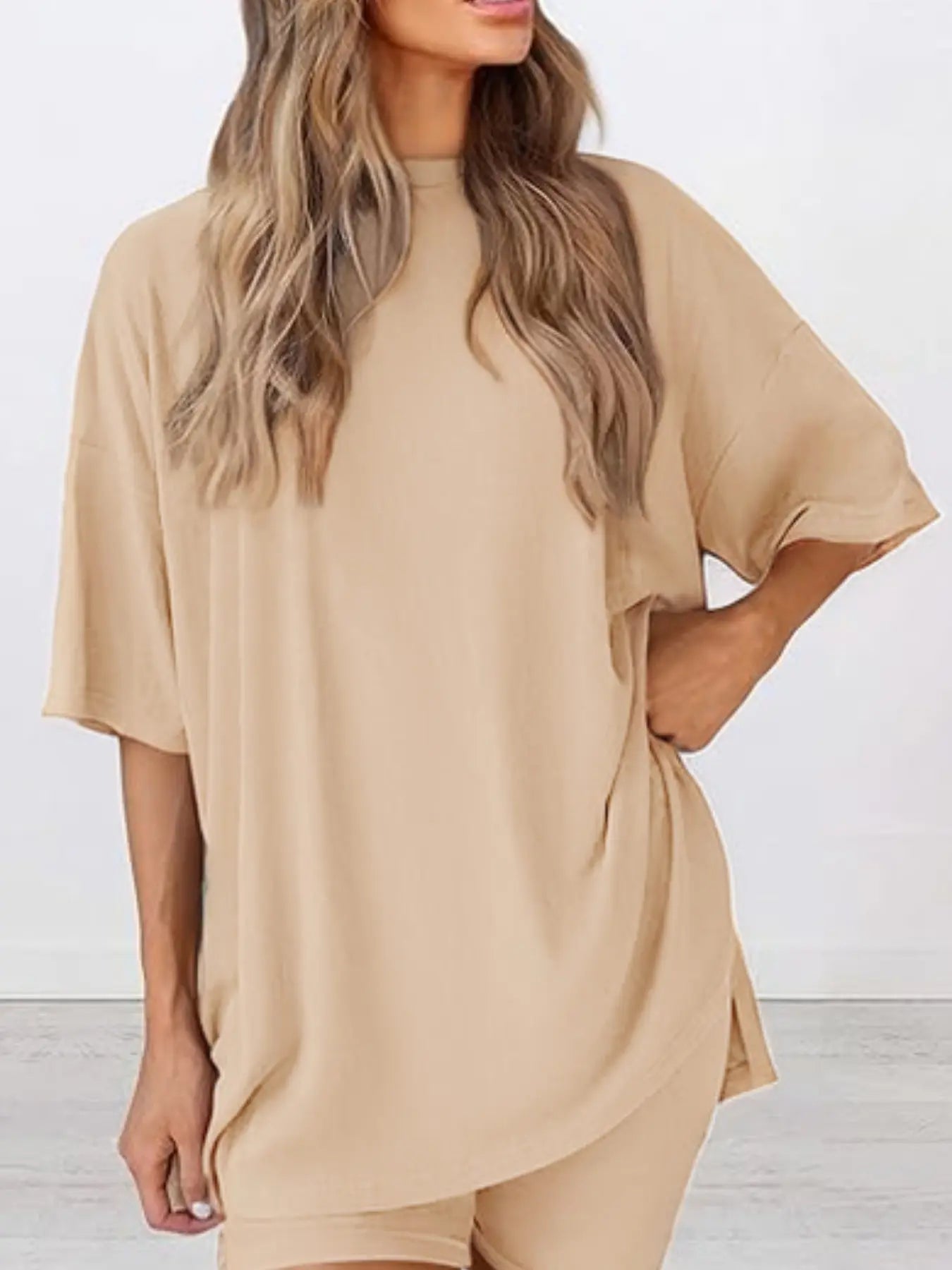Women's Solid Color T-Shirt and Tight Shorts Set, Casual Summer Comfort Round Neck Sleepwear, Pocket Design, Outdoor Wear