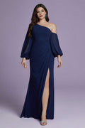 Curveins Plus Size Cold Shoulder Long Sleeve Fitted Maxi Dress with Split Hem