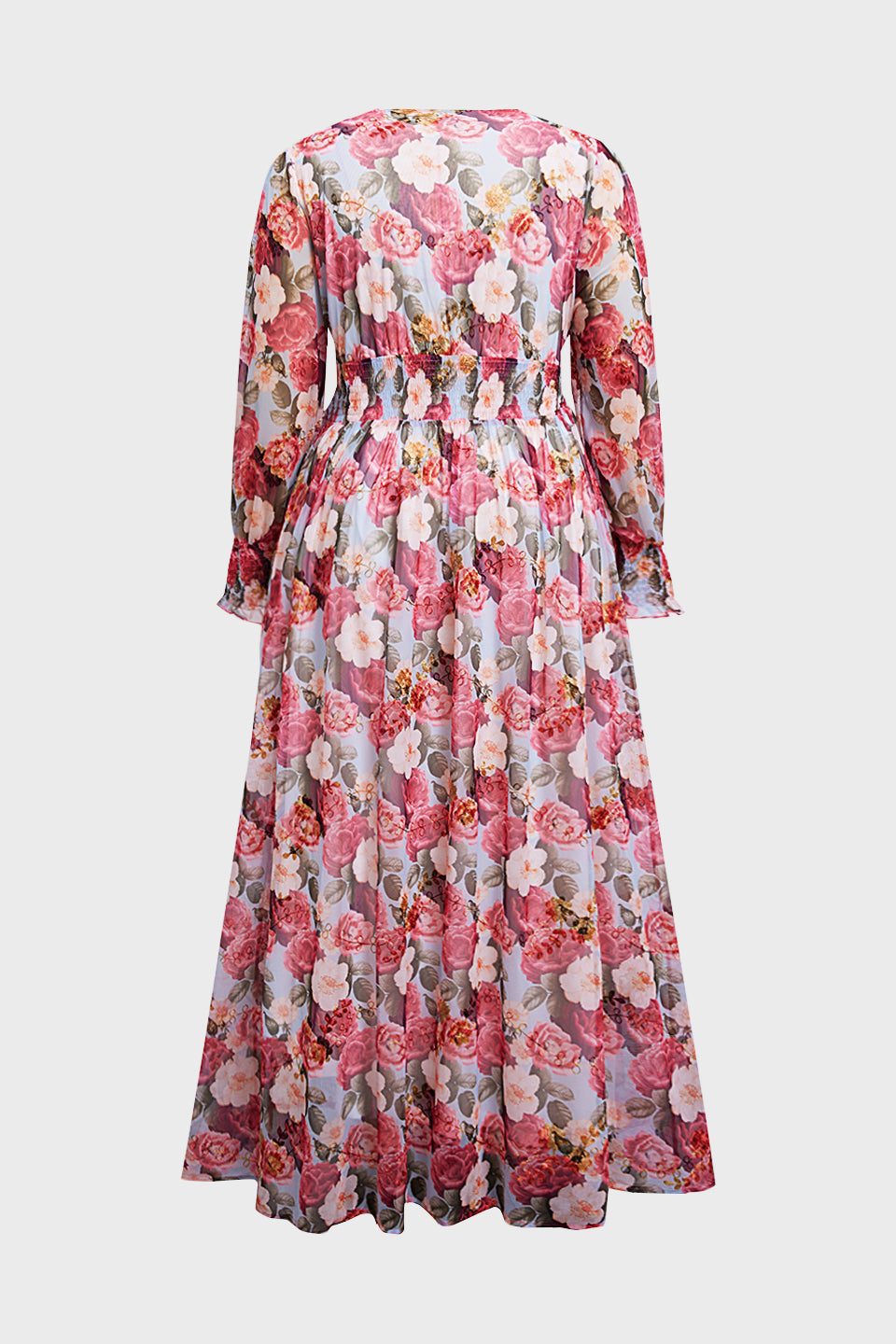 Curveins Plus Size V Neck Long Sleeve Floral Waist Maxi Dress
