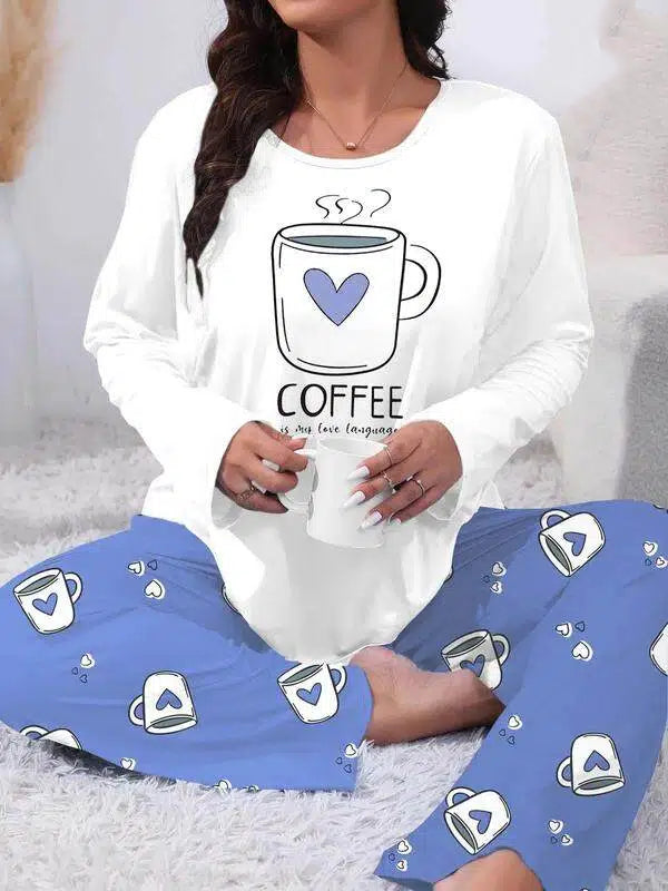 Plus Size Heart Coffee Letter Print Comfortable 2-Piece Pajama Set, Long Sleeve Top & Pants, Casual Fitted Sleepwear for All Seasons