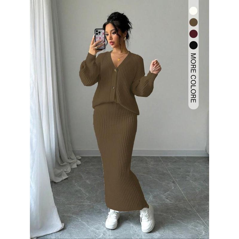 Women's Solid Button Front Sweater & Long Skirt Two-piece Set, Casual Drop Shoulder Long Sleeve Knit Top & High Waist Skirt for Daily Outdoor Wear, Women's Knitwear for Fall & Winter
