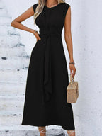 Women's Sleeveless Round Neck Plain Dress, Slimming Front Design, Waist Cinched A-Line, Perfect for Casual Commuting