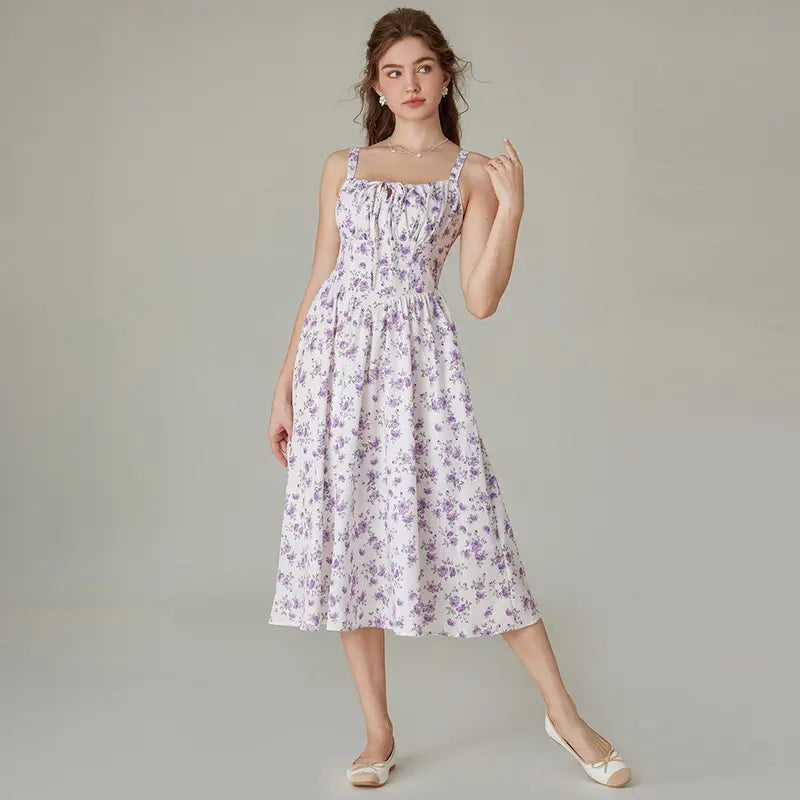 Women's Strappy Sleeveless Milkmaid Corset Flowy Midi Sundress
