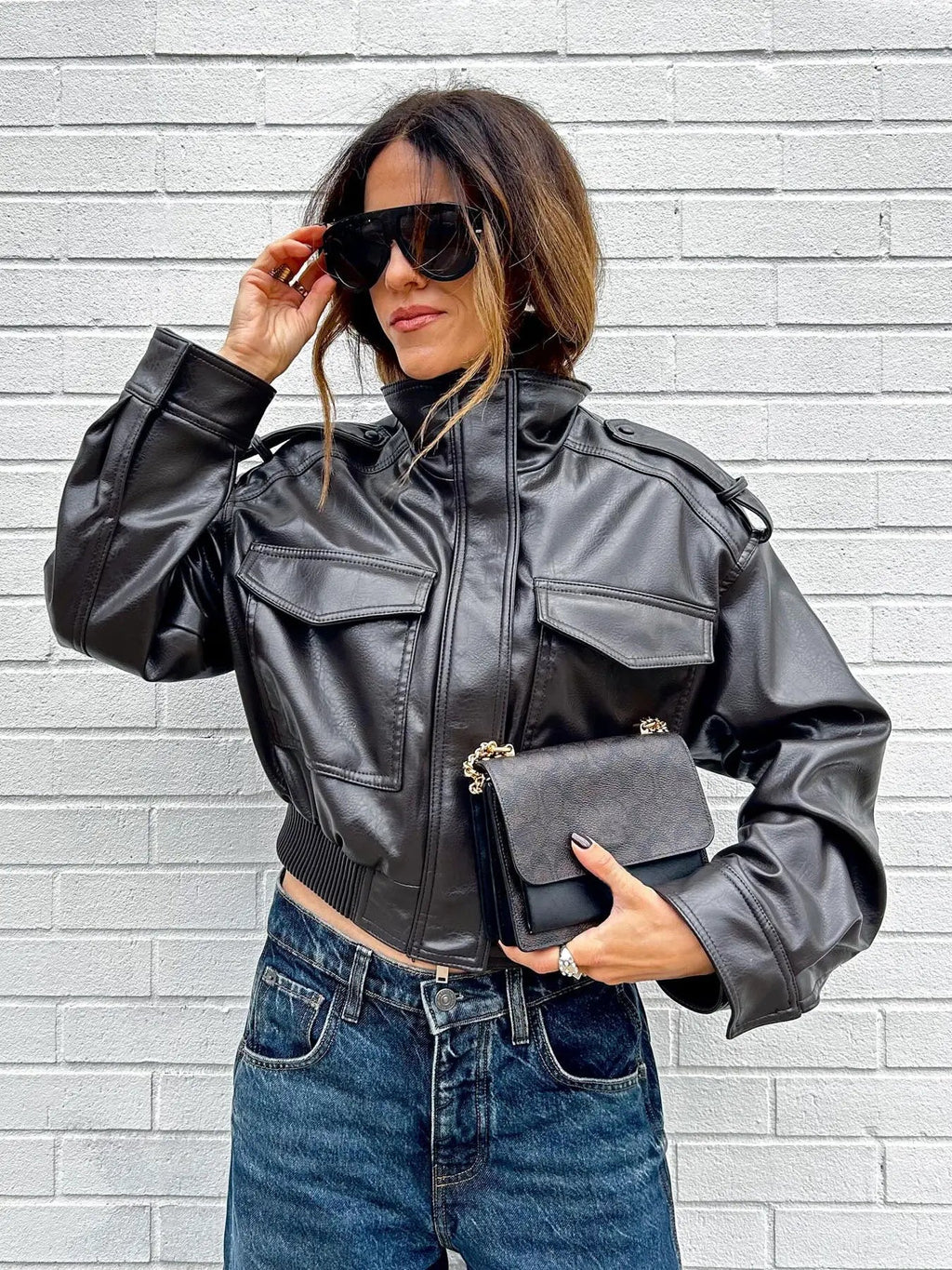 Women's Olive Green Faux Leather Bomber Moto Jacket with Stand Collar and Flap Pockets, Casual Short Layered Streetwear Outerwear