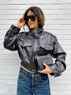 Women's Olive Green Faux Leather Bomber Moto Jacket with Stand Collar and Flap Pockets, Casual Short Layered Streetwear Outerwear