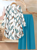Women's Round Neck Irregular Long- Sleeved Fitted Top and Elastic Waist Solid Color Wide- Leg Pants Two-piece Matching Set, Suitable for Beach, Daily Outings, Holidays, Home, Casual Wear