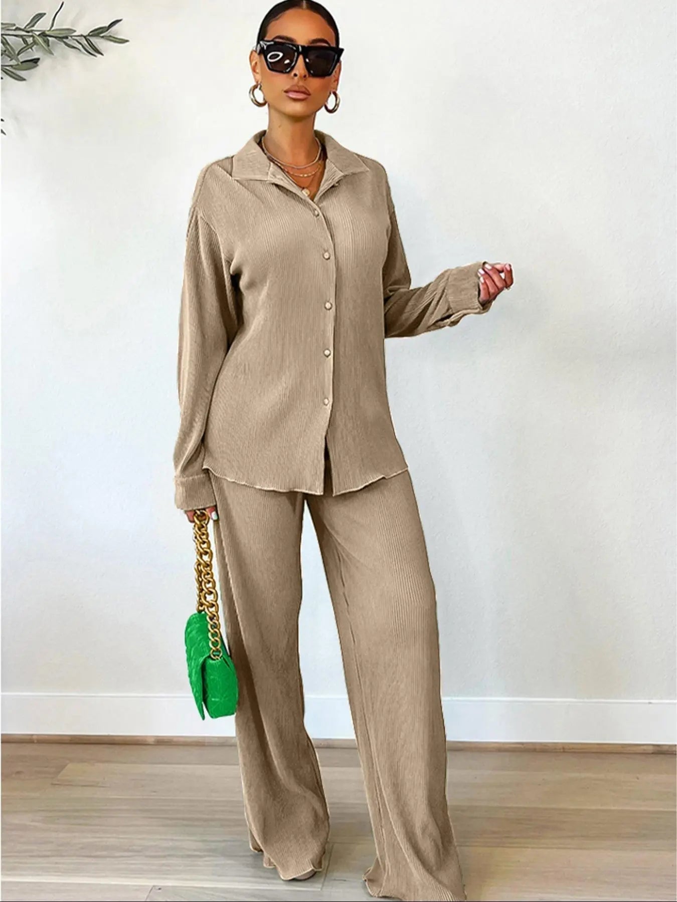 Women's Solid Button Front Shirt & Elastic Waist Pants Two-piece Set