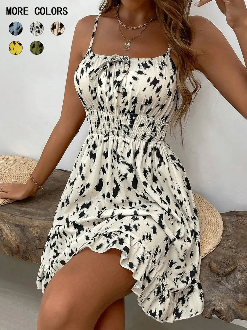 Women’s Fashion Floral Print Mini Dress with Adjustable Thin Straps, Stylish Summer for Casual Events