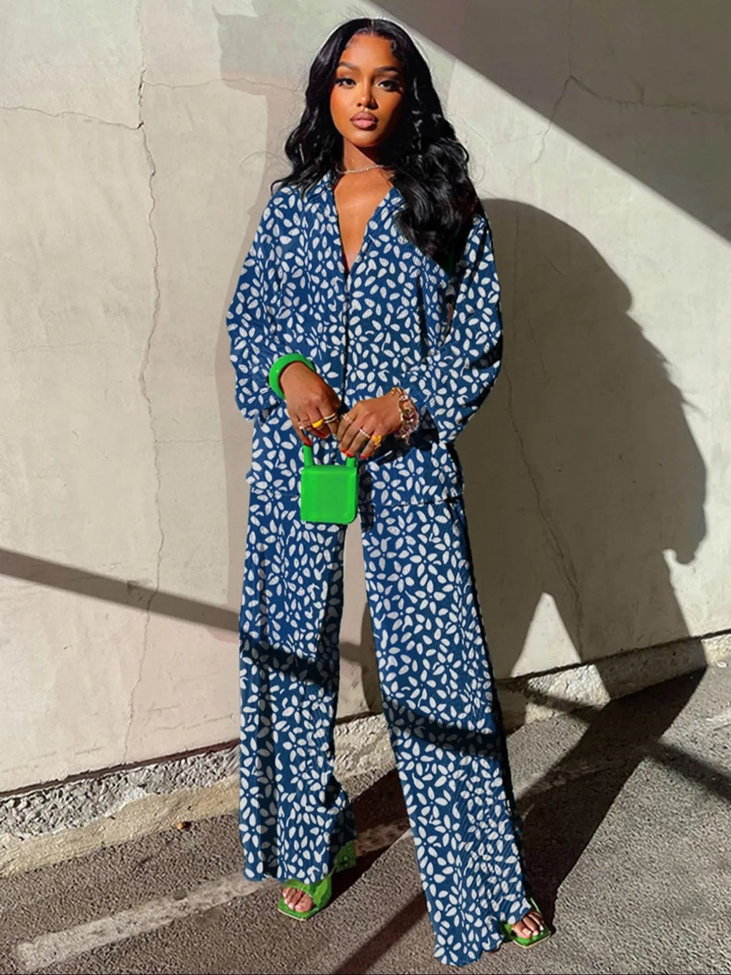 Women's Solid Button Front Shirt & Elastic Waist Pants Two-piece Set