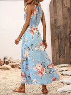Women's Floral Print Split Thigh Halter Dress, Tie Back Design, Bohemian Boho Summer Long Sleeveless Fitted Dress, Elegant Printed Series