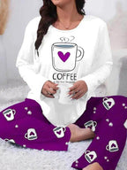 Plus Size Heart Coffee Letter Print Comfortable 2-Piece Pajama Set, Long Sleeve Top & Pants, Casual Fitted Sleepwear for All Seasons