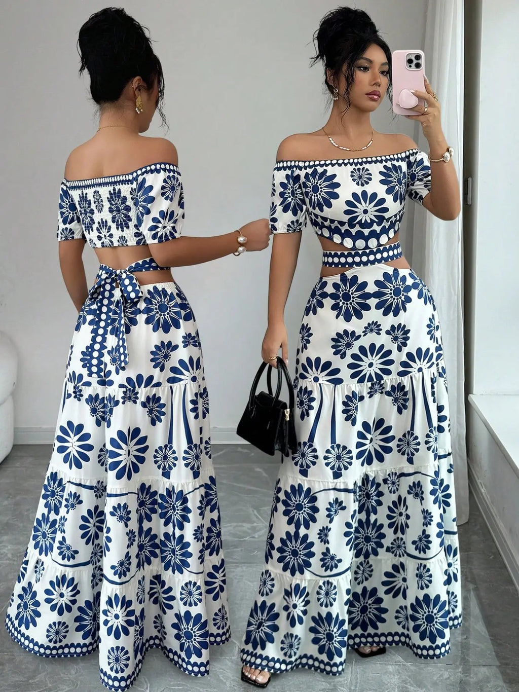 Women's off-the-shoulder short-sleeve floral dress with waist cutouts