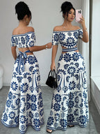 Women's off-the-shoulder short-sleeve floral dress with waist cutouts