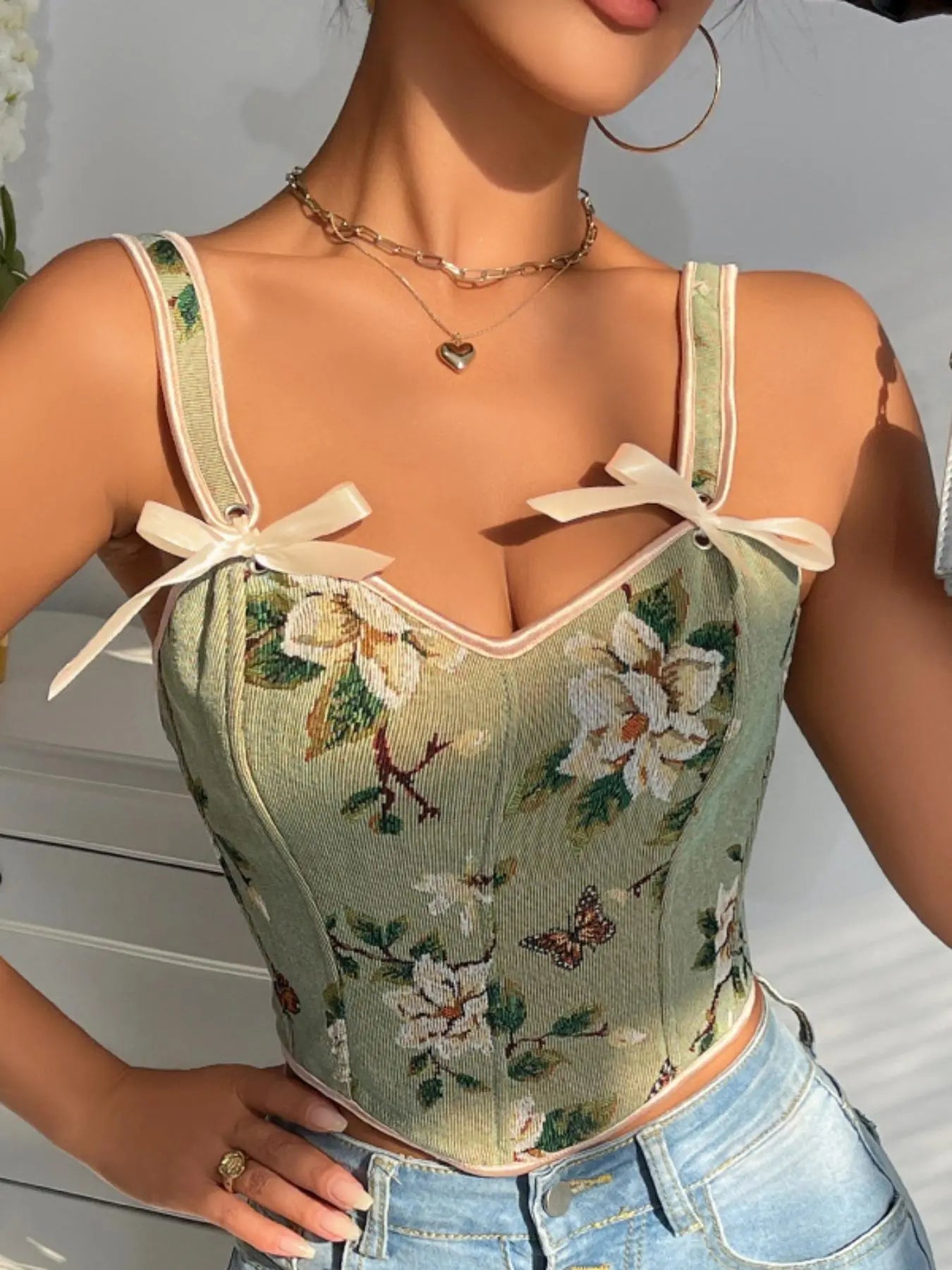 Women's Floral Print Adjustable Lace Up Corset Structure Shapewear Tank Top, Fashionable Bow Decor Shapewear Top for Daily Wear, Tummy Control Shaper for Women