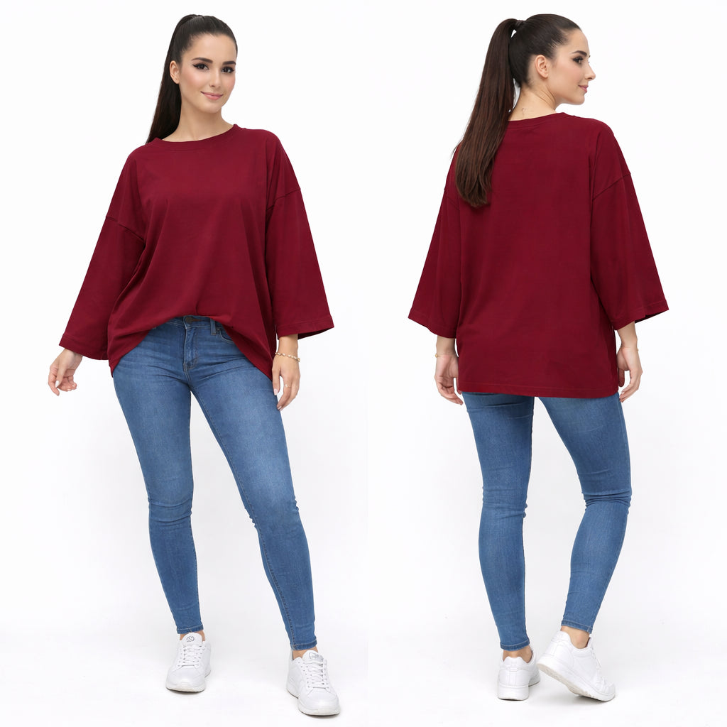 T-shirt uni oversize femme manches longues 100% coton – coupe ample, basique tendance